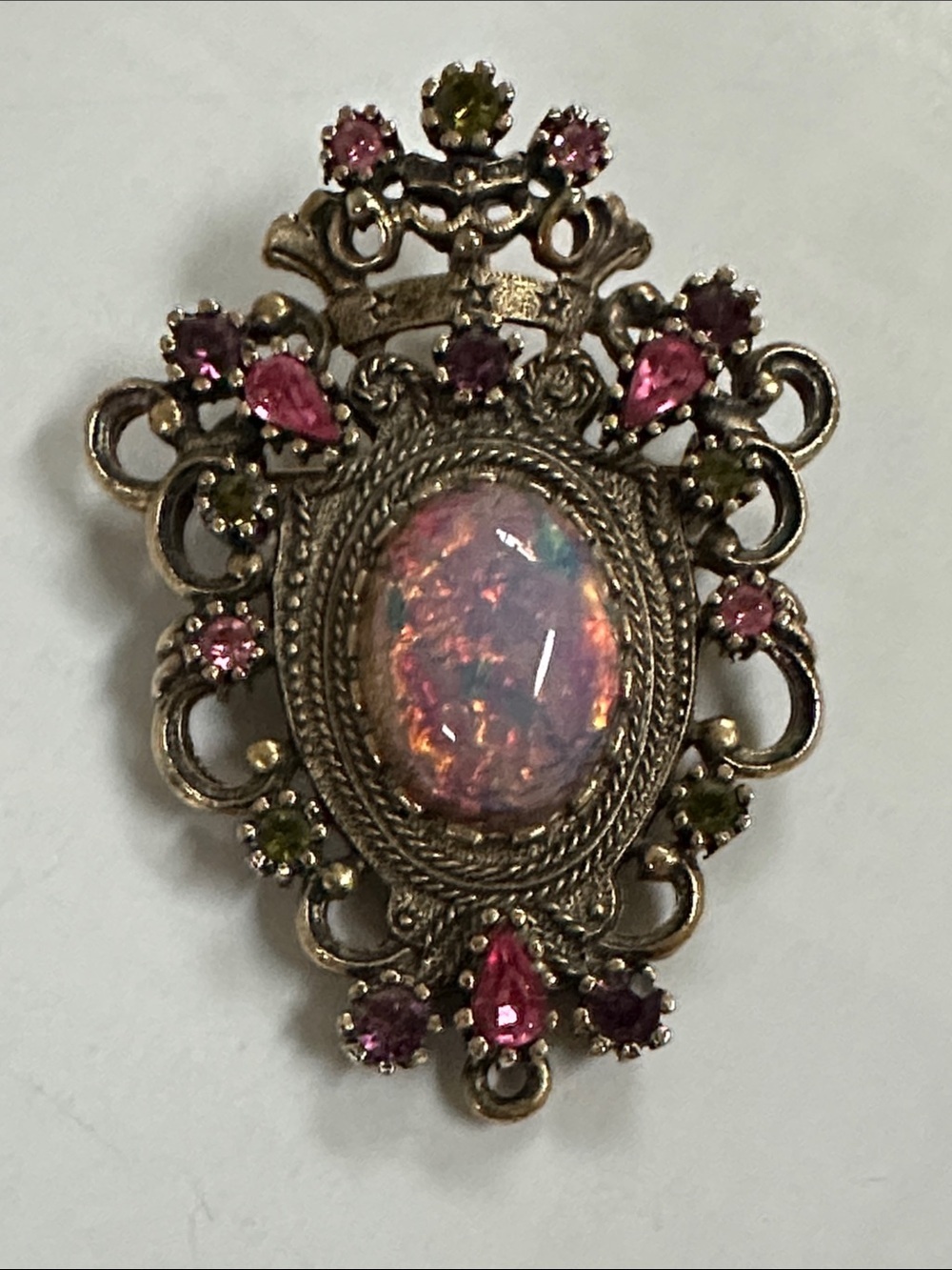 Entry Pink Opalescent Cabochon Brooch with Pink and Green Accents​
